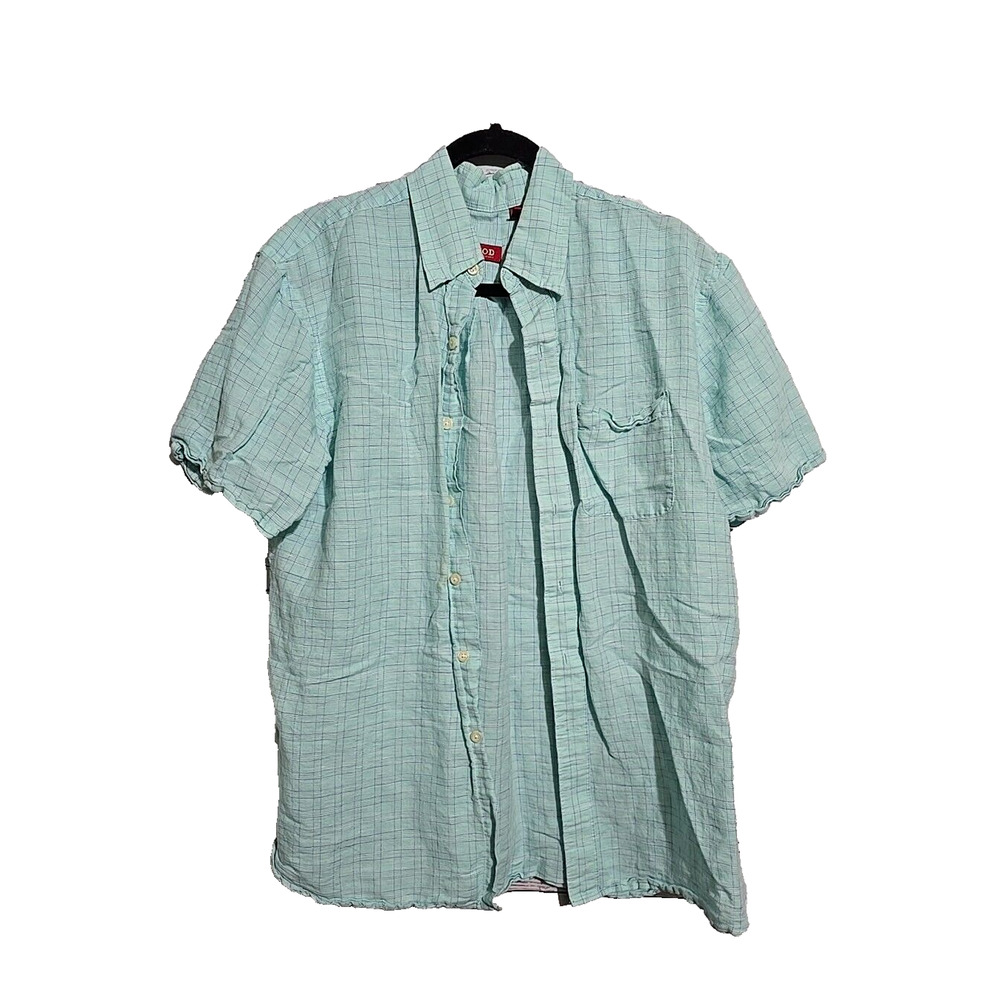 IZOD Blue Plaid Linen Blend Short Sleeve Button Down Shirt Men's Size Medium